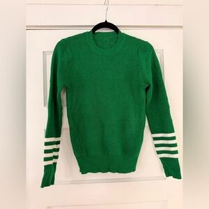 Green Ribbed Knit Sweater – Women’s Size M, Striped Sleeve Crewneck Pullover